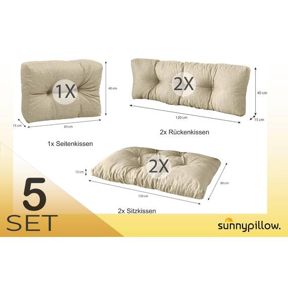 sunnypillow Palettenkissen für Palettenmöbel - 5er Set - Palettenauflage für Palettensofa - Palettenpolster für Garten, Gesteppte Kissen für Europaletten - Sitzkissen & Rückenkissen Cremefarben