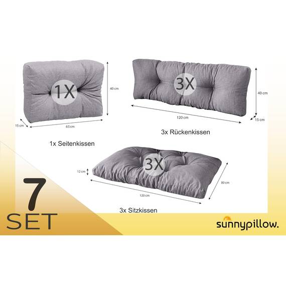 sunnypillow Palettenkissen für Palettenmöbel - 7er Set - Palettenauflage 120 x 80 für Palettensofa - Palettenpolster für Garten, Gesteppte Kissen für Europaletten - Sitzkissen & Rückenkissen Grau