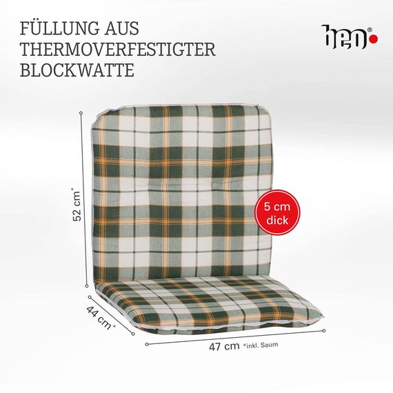 Beo Niedriglehner Auflagen Waschbar Bali | Made in EU nach Öko-Tex Standard | Atmungsaktive Stuhlauflage Niedriglehner mit Halteband | UV-beständige Auflagen Niedriglehner in Beige-Grün Kariert, 23786