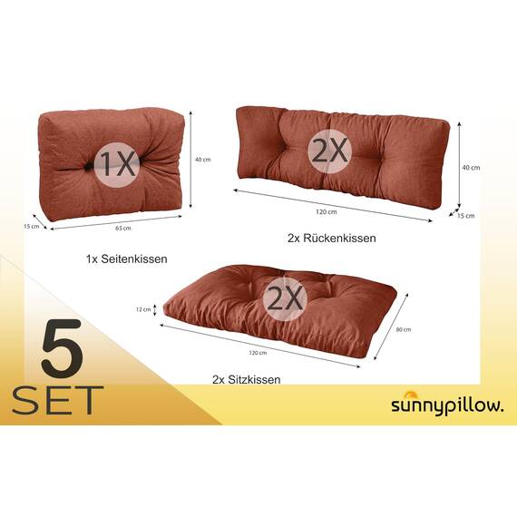 sunnypillow Palettenkissen für Palettenmöbel - 5er Set - Palettenauflage 120 x 80 für Palettensofa - Palettenpolster für Garten, Gesteppte Kissen für Europaletten - Sitzkissen & Rückenkissen Orange