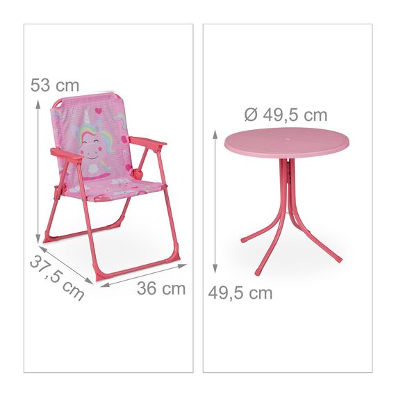 Relaxdays Camping Kindersitzgruppe, Einhorn Motiv, Kindersitzgarnitur mit Schirm, Klappstühlen & Tisch, Garten, pink
