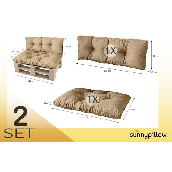 sunnypillow Palettenkissen für Palettenmöbel - 2er Set - Palettenauflage 120 x 80 für Palettensofa - Palettenpolster für Garten, Gesteppte Kissen für Europaletten - Sitzkissen & Rückenkissen Beige