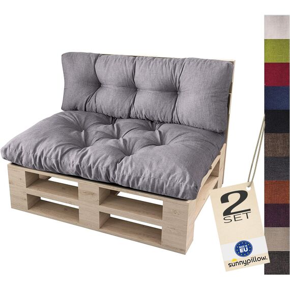 sunnypillow Palettenkissen für Palettenmöbel - 2er Set - Palettenauflage 120 x 80 für Palettensofa - Palettenpolster für Garten, Gesteppte Kissen für Europaletten - Sitzkissen & Rückenkissen Grau