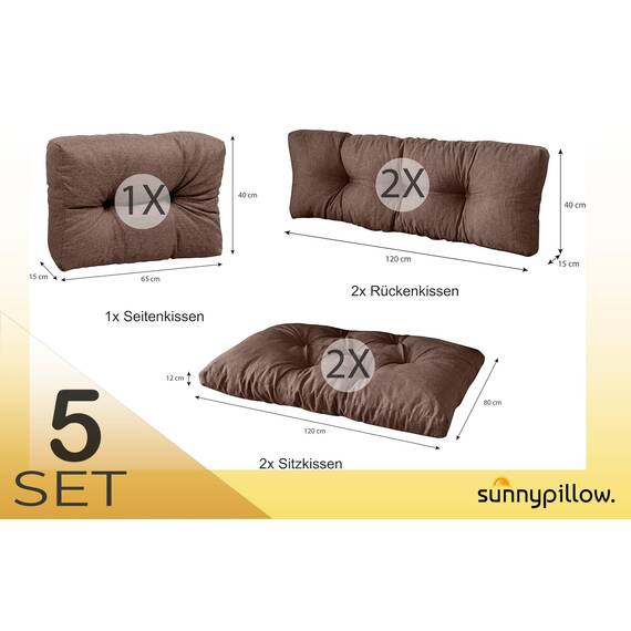 sunnypillow Palettenkissen für Palettenmöbel - 5er Set - Palettenauflage 120 x 80 für Palettensofa - Palettenpolster für Garten, Gesteppte Kissen für Europaletten - Sitzkissen & Rückenkissen Braun