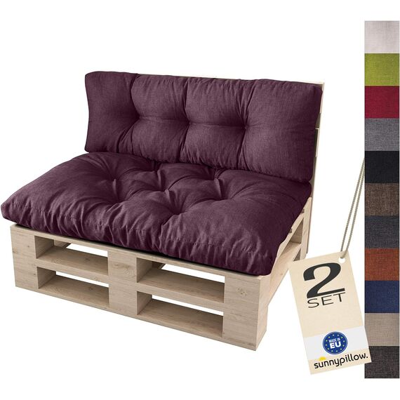 sunnypillow Palettenkissen für Palettenmöbel - 2er Set - Palettenauflage 120 x 80 für Palettensofa - Palettenpolster für Garten, Gesteppte Kissen für Europaletten - Sitzkissen & Rückenkissen Violett