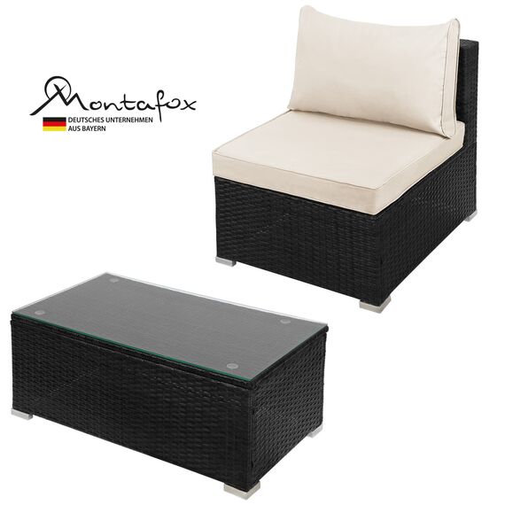 Montafox Poly Rattan Lounge Sitzkissen 8cm Gartenmöbel Ecklounge Frei Kombinierbare Elemente Ecksofa Gartengarnitur Garten Balkon Terrasse Outdoor, Farbe:Titan-Schwarz/Sandstrand