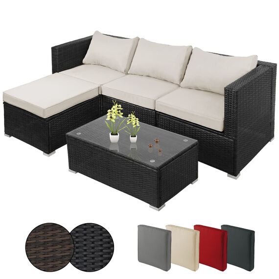 Montafox Poly Rattan Lounge Sitzkissen 8cm Gartenmöbel Ecklounge Frei Kombinierbare Elemente Ecksofa Gartengarnitur Garten Balkon Terrasse Outdoor, Farbe:Titan-Schwarz/Sandstrand