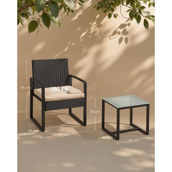 SONGMICS Balkonmöbel, Gartenmöbel-Set, aus PE-Polyrattan, Lounge-Set, Tisch und 2 Stühle, Terrassenmöbel, einfache Montage, Outdoor, für Terrasse, Balkon, Garten, schwarz-beige GGF010M05