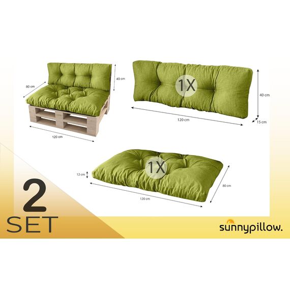 sunnypillow Palettenkissen für Palettenmöbel - 2er Set - Palettenauflage 120 x 80 für Palettensofa - Palettenpolster für Garten, Gesteppte Kissen für Europaletten - Sitzkissen & Rückenkissen Grün