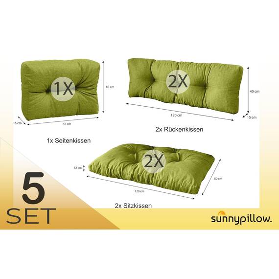 sunnypillow Palettenkissen für Palettenmöbel - 5er Set - Palettenauflage 120 x 80 für Palettensofa - Palettenpolster für Garten, Gesteppte Kissen für Europaletten - Sitzkissen & Rückenkissen Grün