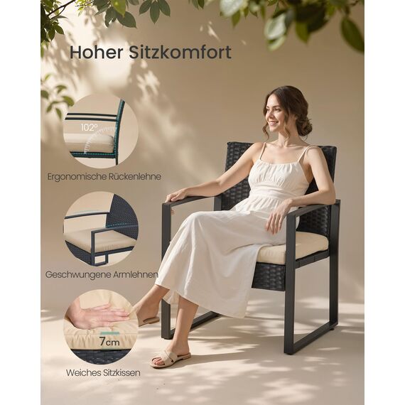 SONGMICS Balkonmöbel, Gartenmöbel-Set, aus PE-Polyrattan, Lounge-Set, Tisch und 2 Stühle, Terrassenmöbel, einfache Montage, Outdoor, für Terrasse, Balkon, Garten, schwarz-beige GGF010M05