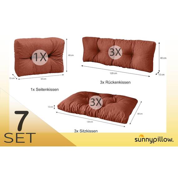 sunnypillow Palettenkissen für Palettenmöbel - 7er Set - Palettenauflage 120 x 80 für Palettensofa - Palettenpolster für Garten, Gesteppte Kissen für Europaletten - Sitzkissen & Rückenkissen Orange