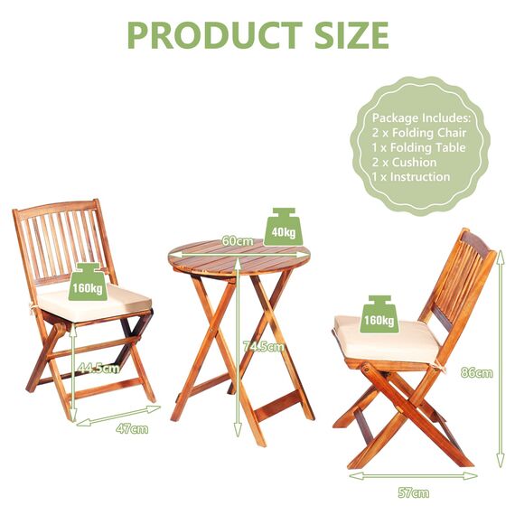 GIANTEX Balkonmöbel Kleiner Balkon, Runder Bistrotisch mit 2 Stühlen klappbar, Gartenmöbel Set Holz 3 teilig, Balkonset Bistroset Outdoor, Terrassenmöbel 2 Personen, Garten Sitzgruppe mit Kissen