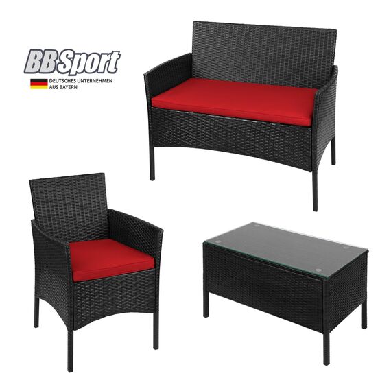 BB Sport Poly Rattan Sitzgruppe 4 Personen Tisch 2 Stühle Sitzbank 5cm Dicke Sitzpolster Balkonmöbel Set Sitzgarnitur Balkon Terrasse Garten Outdoor, Farbe:Titan-Schwarz/Abendsonne