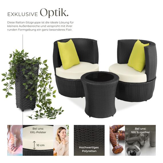tectake® Rattan Set 2 Personen, Balkonmöbel, Aluminium Gartenmöbel Set, Outdoor Sitzgruppe mit 2X Stuhl, 1 Beistelltisch rund, 1 Vase, platzsparend zusammenschiebbar, mit Polster und Kissen - schwarz