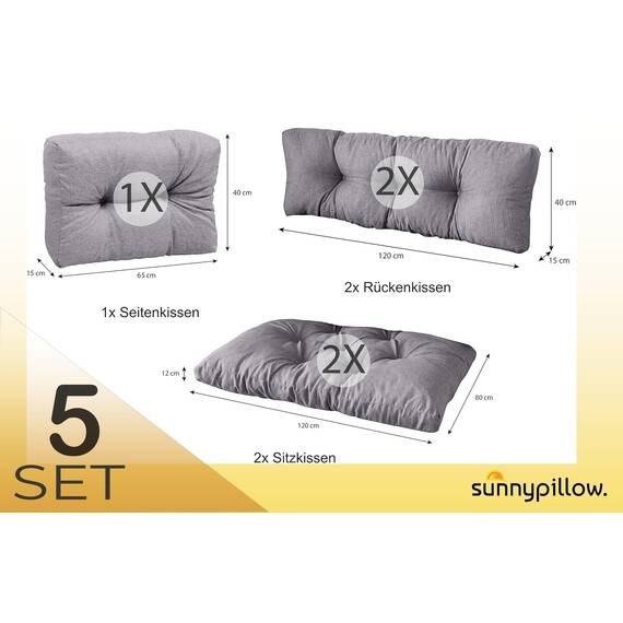 sunnypillow Palettenkissen für Palettenmöbel - 5er Set - Palettenauflage 120 x 80 für Palettensofa - Palettenpolster für Garten, Gesteppte Kissen für Europaletten - Sitzkissen & Rückenkissen Grau