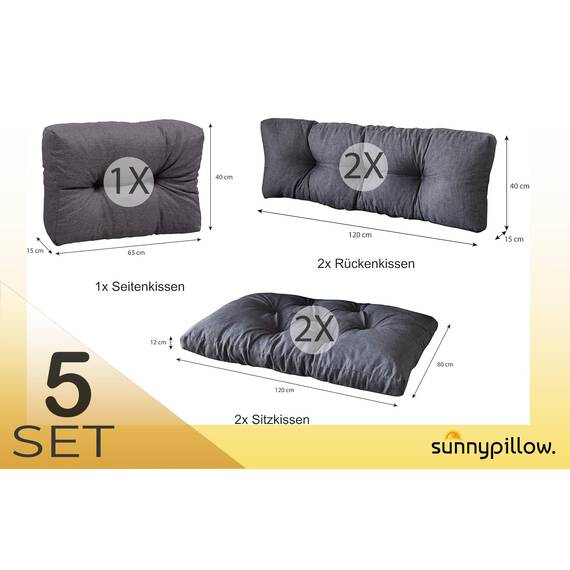 sunnypillow Palettenkissen für Palettenmöbel - 5er Set - Palettenauflage 120 x 80 für Palettensofa - Palettenpolster für Garten, Gesteppte Kissen für Europaletten - Sitzkissen & Rückenkissen Anthrazit