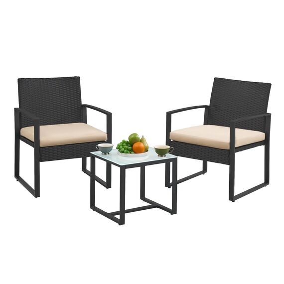 SONGMICS Balkonmöbel, Gartenmöbel-Set, aus PE-Polyrattan, Lounge-Set, Tisch und 2 Stühle, Terrassenmöbel, einfache Montage, Outdoor, für Terrasse, Balkon, Garten, schwarz-beige GGF010M05