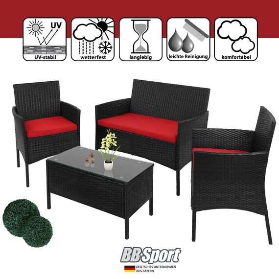 BB Sport Poly Rattan Sitzgruppe 4 Personen Tisch 2 Stühle Sitzbank 5cm Dicke Sitzpolster Balkonmöbel Set Sitzgarnitur Balkon Terrasse Garten Outdoor, Farbe:Titan-Schwarz/Abendsonne