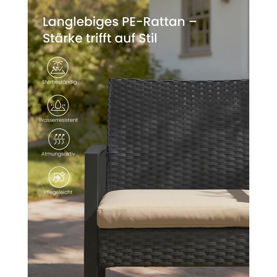 SONGMICS Balkonmöbel, Gartenmöbel-Set, aus PE-Polyrattan, Lounge-Set, Tisch und 2 Stühle, Terrassenmöbel, einfache Montage, Outdoor, für Terrasse, Balkon, Garten, schwarz-beige GGF010M05