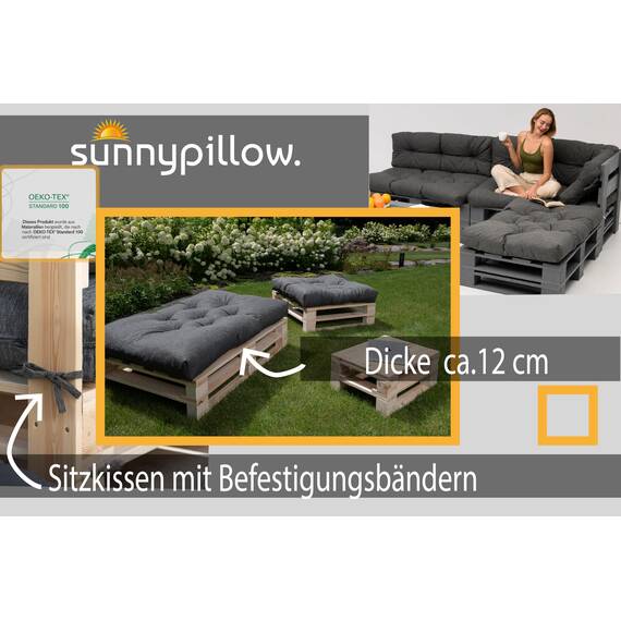 sunnypillow Palettenkissen für Palettenmöbel - 7er Set - Palettenauflage 120 x 80 für Palettensofa - Palettenpolster für Garten, Gesteppte Kissen für Europaletten - Sitzkissen & Rückenkissen Grau