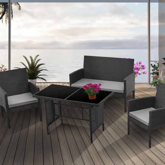 SVITA Brooklyn XL Polyrattan Essgruppe Lounge Garnitur Gartenmöbel Set Esstisch Schwarz