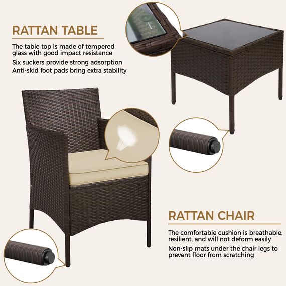 Yaheetech Balkonmöbel Set, Gartenmöbel-Set 3 TLG. inkl. 2 Stühle mit Sitzkissen & Tisch, Terrassenmöbelset Gartensitzgruppe Lounge Set aus PE-Polyrattan für Balkon Terrasse, Braun-Khaki
