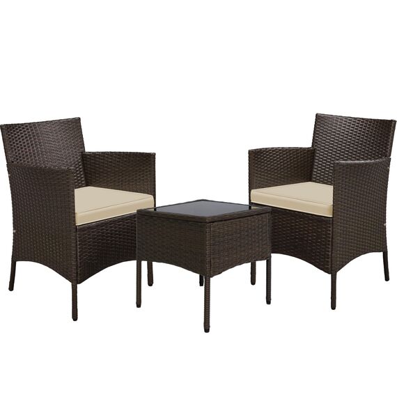 Yaheetech Balkonmöbel Set, Gartenmöbel-Set 3 TLG. inkl. 2 Stühle mit Sitzkissen & Tisch, Terrassenmöbelset Gartensitzgruppe Lounge Set aus PE-Polyrattan für Balkon Terrasse, Braun-Khaki