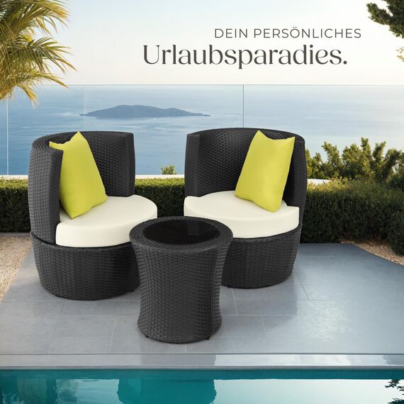 tectake® Rattan Set 2 Personen, Balkonmöbel, Aluminium Gartenmöbel Set, Outdoor Sitzgruppe mit 2X Stuhl, 1 Beistelltisch rund, 1 Vase, platzsparend zusammenschiebbar, mit Polster und Kissen - schwarz