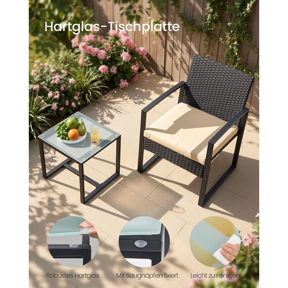 SONGMICS Balkonmöbel, Gartenmöbel-Set, aus PE-Polyrattan, Lounge-Set, Tisch und 2 Stühle, Terrassenmöbel, einfache Montage, Outdoor, für Terrasse, Balkon, Garten, schwarz-beige GGF010M05