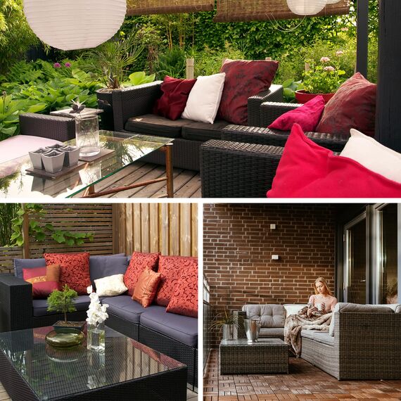 Montafox Poly Rattan Lounge Sitzkissen 8cm Gartenmöbel Ecklounge Frei Kombinierbare Elemente Ecksofa Gartengarnitur Garten Balkon Terrasse Outdoor, Farbe:Titan-Schwarz/Sandstrand