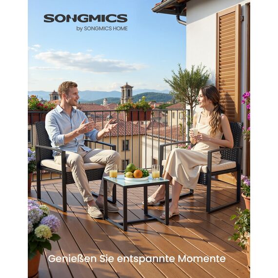 SONGMICS Balkonmöbel, Gartenmöbel-Set, aus PE-Polyrattan, Lounge-Set, Tisch und 2 Stühle, Terrassenmöbel, einfache Montage, Outdoor, für Terrasse, Balkon, Garten, schwarz-beige GGF010M05