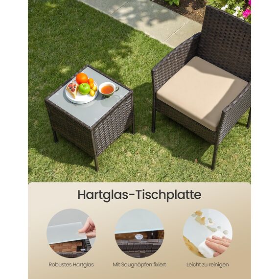 SONGMICS Balkonmöbel, Gartenmöbel-Set, aus PE-Polyrattan, Lounge-Set, Tisch und 2 Stühle, Terrassenmöbel, Outdoor, für Terrasse, Balkon, Garten, braun-Taupe GGF003K01