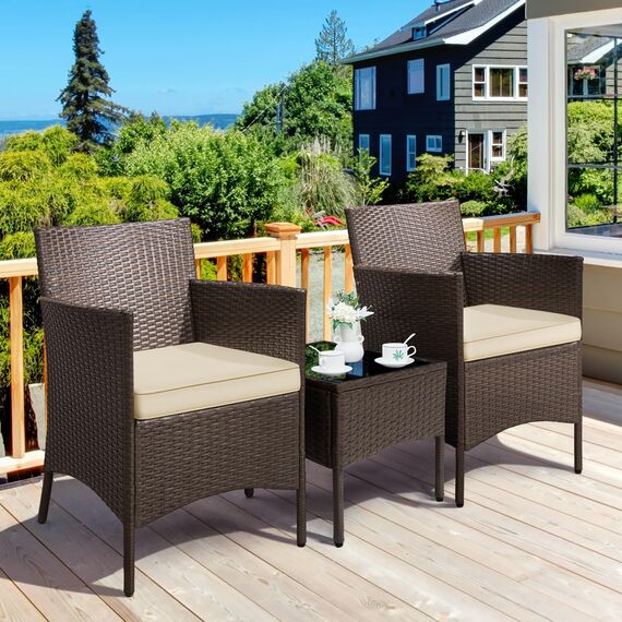 Yaheetech Balkonmöbel Set, Gartenmöbel-Set 3 TLG. inkl. 2 Stühle mit Sitzkissen & Tisch, Terrassenmöbelset Gartensitzgruppe Lounge Set aus PE-Polyrattan für Balkon Terrasse, Braun-Khaki
