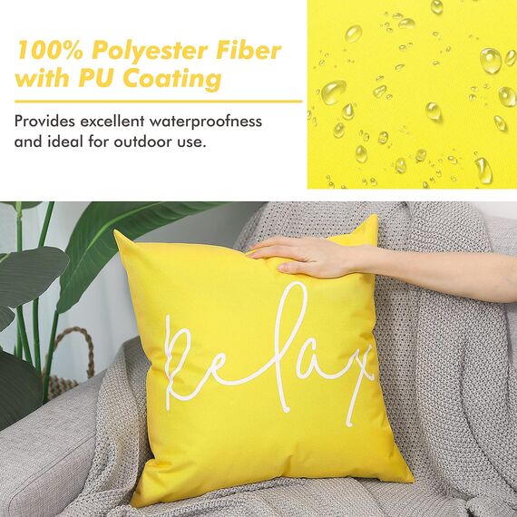 Lewondr Outdoor Kissenbezug, 2er Pack Wasserdicht Kissenhülle mit Relax Drucken, UV Schutz Polyester Zierkissenbezug mit PU Beschichtung für Sofa Stuhl Garten Lounge(45x45cm) - Gelb