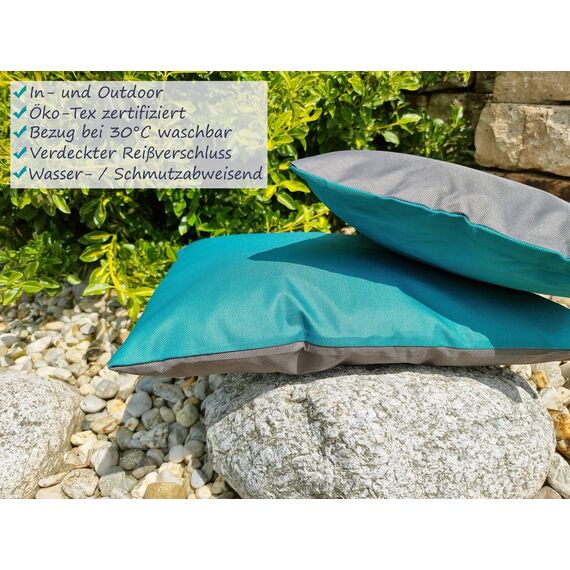 JACK 2-farbiges Wende Outdoor Lounge Kissen 45x45cm Dekokissen inkl. Füllung Wasserfest Sitzkissen Garten Stuhl Lotus Effekt, Farbe:Petrol - Anthrazit