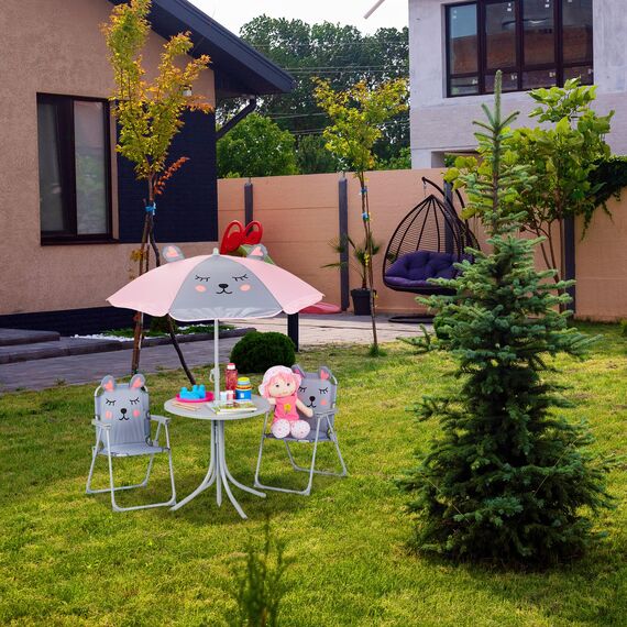 Relaxdays Camping Kindersitzgruppe, Einhorn Motiv, Kindersitzgarnitur mit Schirm, Klappstühlen & Tisch, Garten, pink