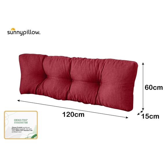 sunnypillow Palettenkissen für Gartenmöbel - Rückenkissen 120 x 60 cm - Rückenpolster für Bett und Sofa - Palettenpolster für Palettenmöbel - Gesteppte Gartenkissen - Rückenlehne, Kissen Rot