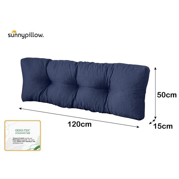 sunnypillow Palettenkissen für Gartenmöbel - Rückenkissen 120 x 50 cm - Rückenpolster für Bett und Sofa - Palettenpolster für Palettenmöbel - Gesteppte Gartenkissen - Rückenlehne, Kissen Blau