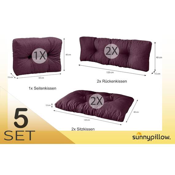 sunnypillow Palettenkissen für Palettenmöbel - 5er Set - Palettenauflage 120 x 80 für Palettensofa - Palettenpolster für Garten, Gesteppte Kissen für Europaletten - Sitzkissen & Rückenkissen Violett