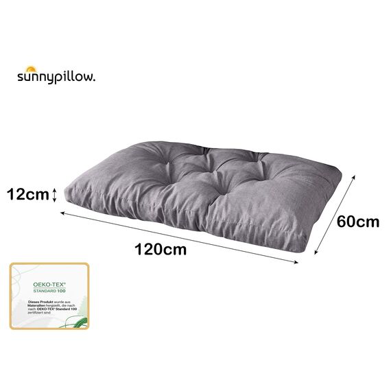 sunnypillow Palettenkissen für Gartenmöbel - Sitzkissen 120 x 60 cm - Palettenauflage für Palettensofa - Palettenpolster, Sitzpolster für Palettenmöbel - Gesteppte Gartenkissen - Kissen Grau