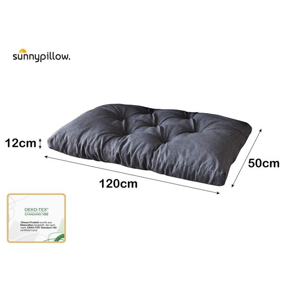 sunnypillow Palettenkissen für Gartenmöbel - Sitzkissen 120 x 50 cm - Palettenauflage für Palettensofa - Palettenpolster, Sitzpolster für Palettenmöbel - Gesteppte Gartenkissen - Kissen Anthrazit