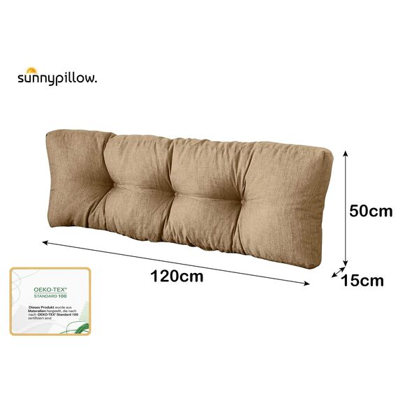 sunnypillow Palettenkissen für Gartenmöbel - Rückenkissen 120 x 50 cm - Rückenpolster für Bett und Sofa - Palettenpolster für Palettenmöbel - Gesteppte Gartenkissen - Rückenlehne, Kissen Beige