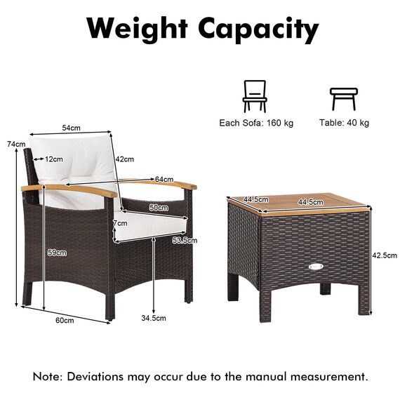 GIANTEX Rattan Balkonmöbel Set 2 Personen, 3 TLG. Rattan Gartensitzgruppe Lounge Set mit Kissen cremeweiß, Gartenmöbel Set 2 Sessel mit Tisch, Gartengarnitur Sitzgruppe Gartenlounge Set