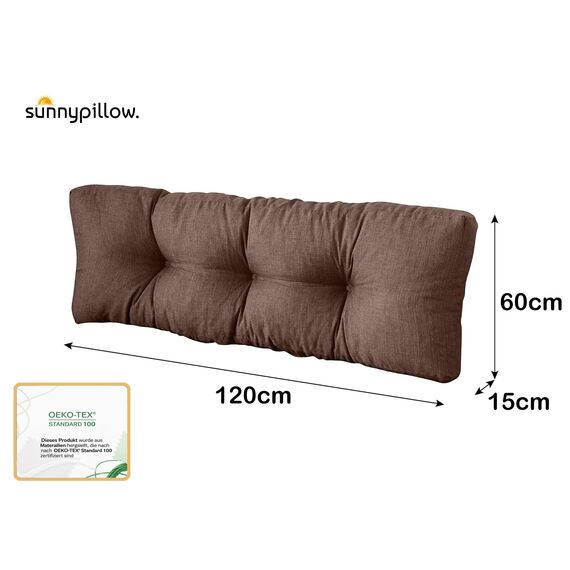 sunnypillow Palettenkissen für Gartenmöbel - Rückenkissen 120 x 60 cm - Rückenpolster für Bett und Sofa - Palettenpolster für Palettenmöbel - Gesteppte Gartenkissen - Rückenlehne, Kissen Braun