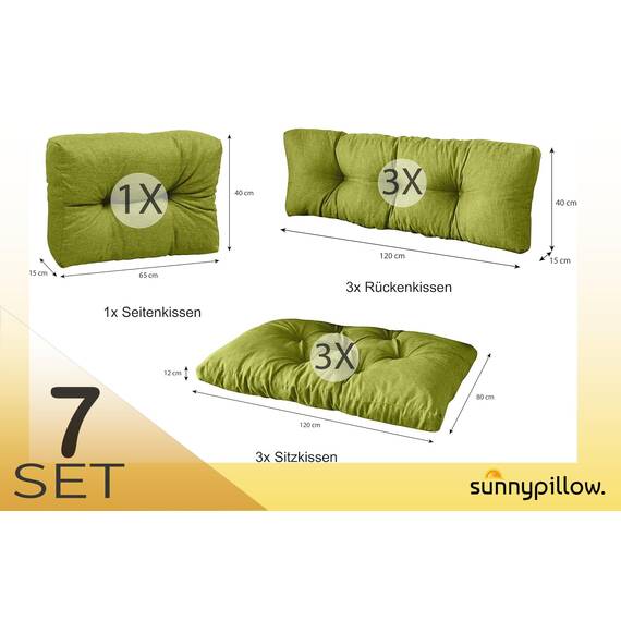 sunnypillow Palettenkissen für Palettenmöbel - 7er Set - Palettenauflage 120 x 80 für Palettensofa - Palettenpolster für Garten, Gesteppte Kissen für Europaletten - Sitzkissen & Rückenkissen Grün