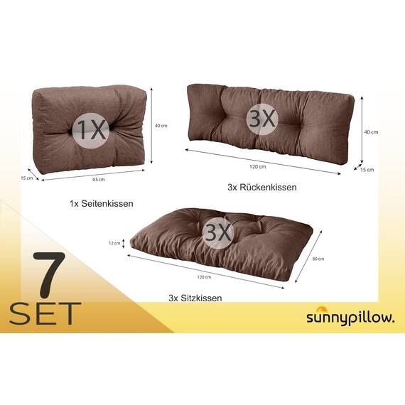sunnypillow Palettenkissen für Palettenmöbel - 7er Set - Palettenauflage 120 x 80 für Palettensofa - Palettenpolster für Garten, Gesteppte Kissen für Europaletten - Sitzkissen & Rückenkissen Braun