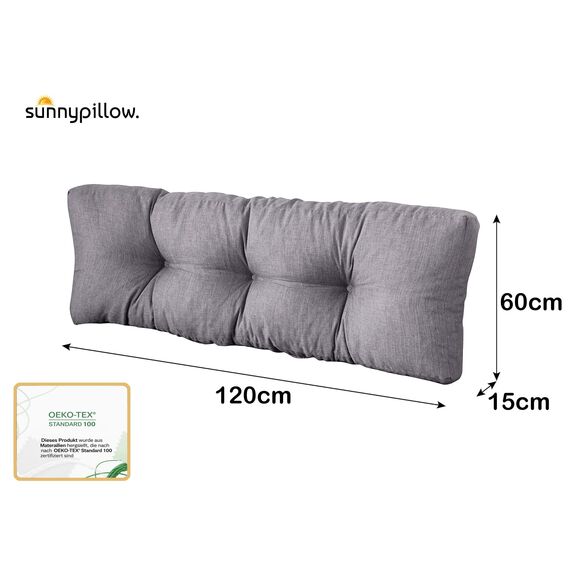sunnypillow Palettenkissen für Gartenmöbel - Rückenkissen 120 x 60 cm - Rückenpolster für Bett und Sofa - Palettenpolster für Palettenmöbel - Gesteppte Gartenkissen - Rückenlehne, Kissen Grau