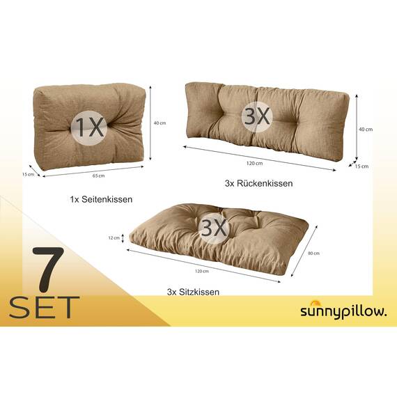 sunnypillow Palettenkissen für Palettenmöbel - 7er Set - Palettenauflage 120 x 80 für Palettensofa - Palettenpolster für Garten, Gesteppte Kissen für Europaletten - Sitzkissen & Rückenkissen Beige