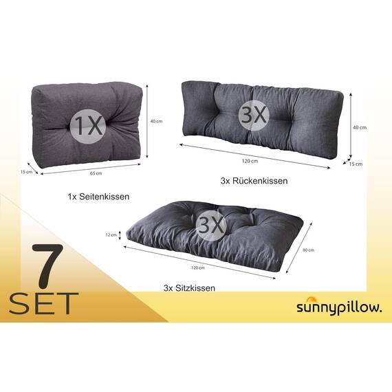 sunnypillow Palettenkissen für Palettenmöbel - 7er Set - Palettenauflage 120 x 80 für Palettensofa - Palettenpolster für Garten, Gesteppte Kissen für Europaletten - Sitzkissen & Rückenkissen Anthrazit